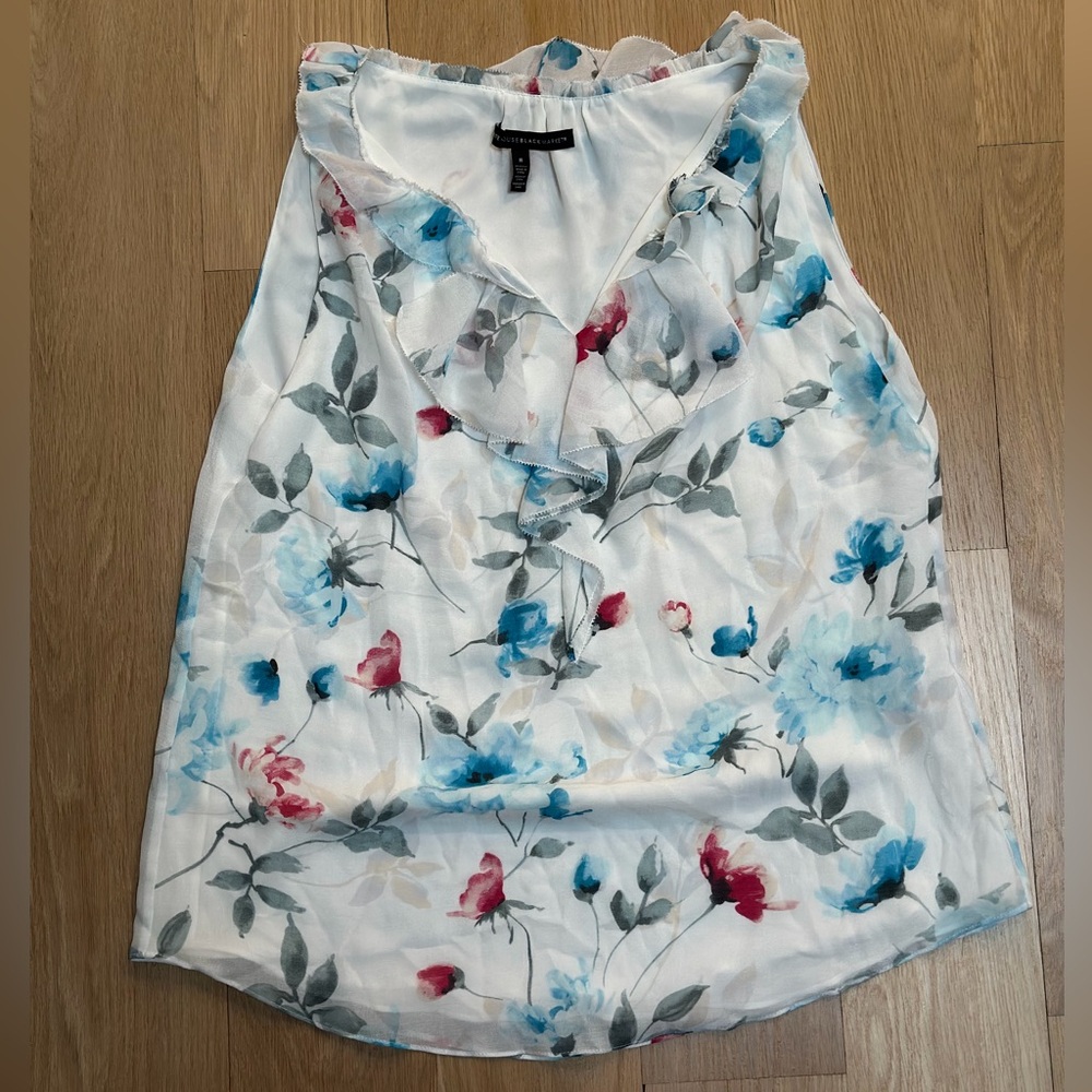 White House Black Market Floral Sleeveless Blouse with Ruffle Neckline Size 8.